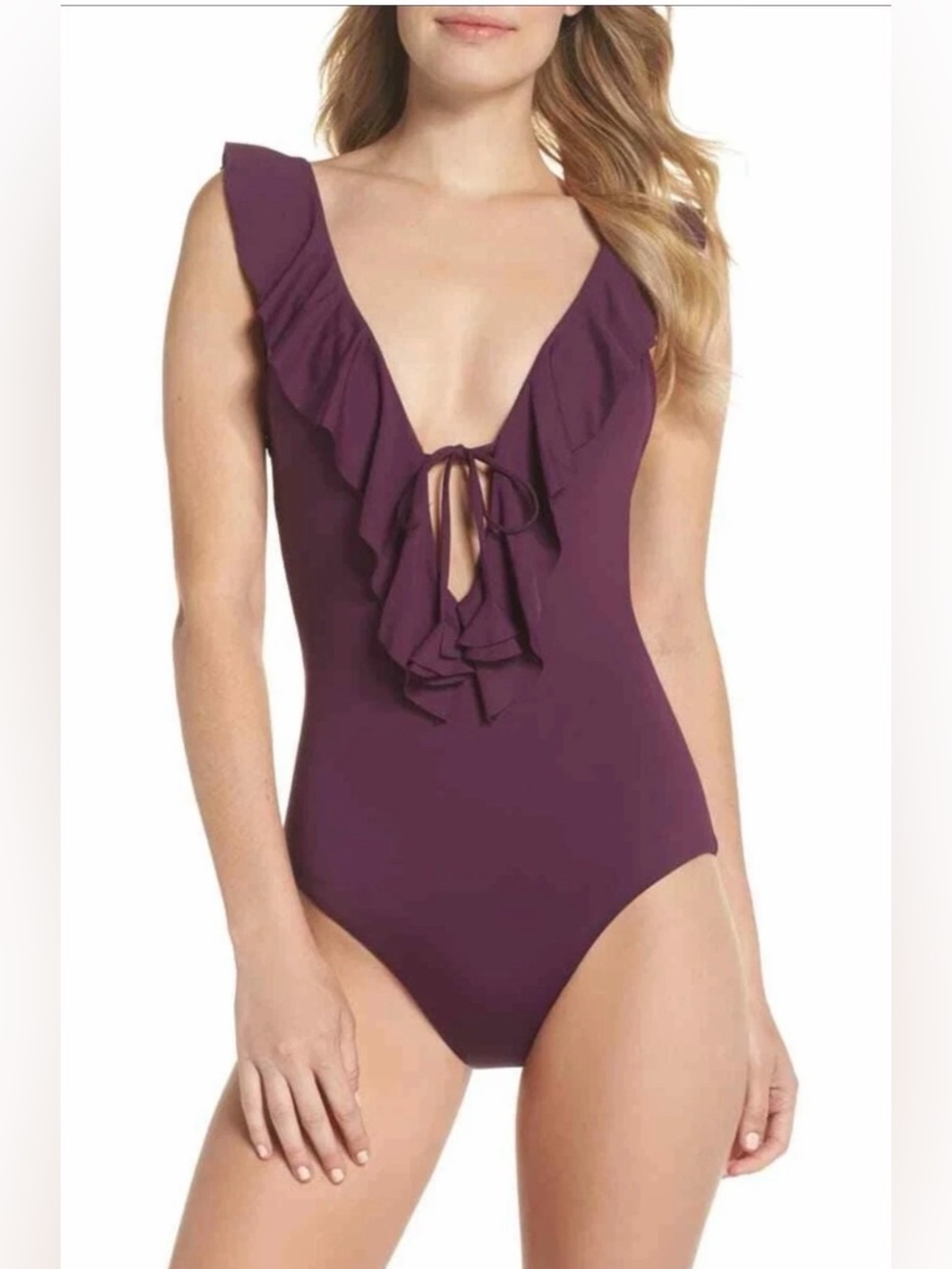 BECCA Swimsuit Size S Purple Socialite Ruffle One-Piece Plunge V-Neck Backless
